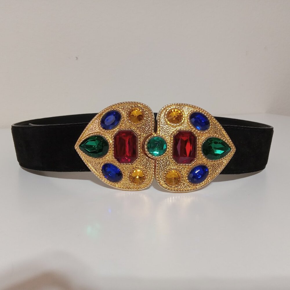 "CARLISLE" Black Suede belt with Jeweled Buckle, SMALL